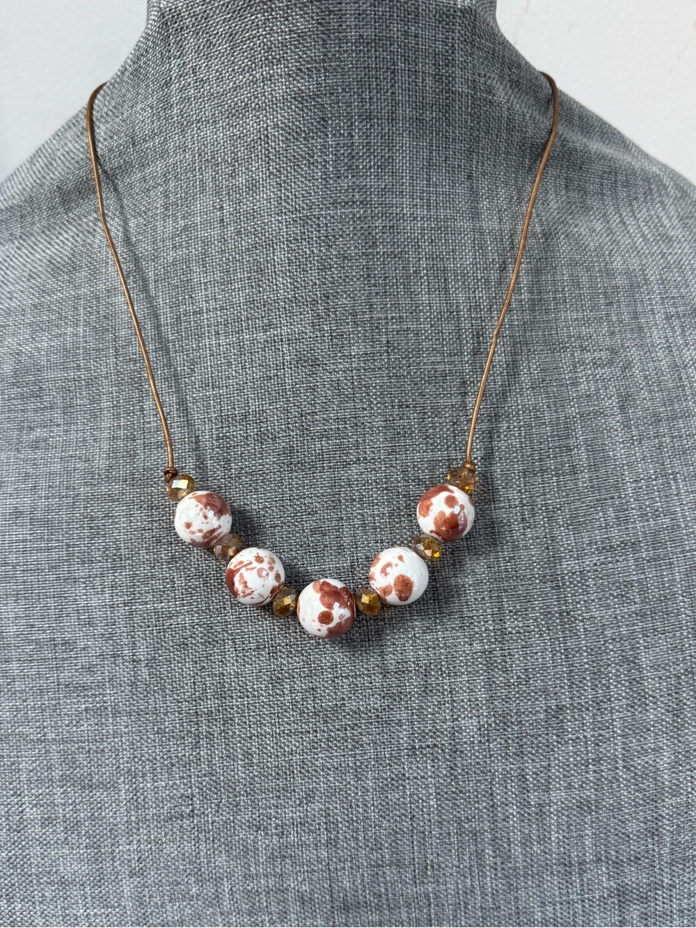 Boho Earthy Cow Print Ceramic Bead & Crystal Cord Necklace Adjustable Festival